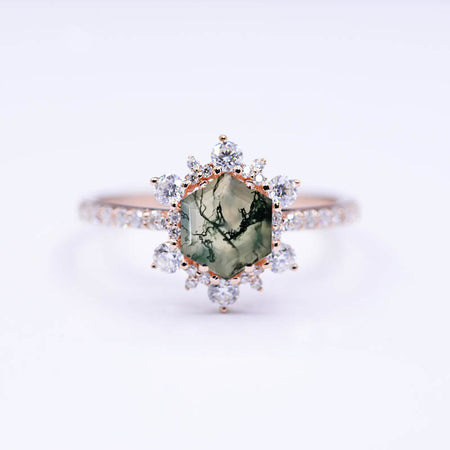 3 Carat Hexagon Moss Agate Snowflake Halo Engagement Ring. Victorian 14K Rose Gold Ring
