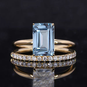 3Ct Aquamarine Engagement Ring Halo Elongated Radiant Cut Aquamarine Engagement Ring, 9x7mm Elongated Emerald Cut Aquamarine Engagement Ring with Eternity Band