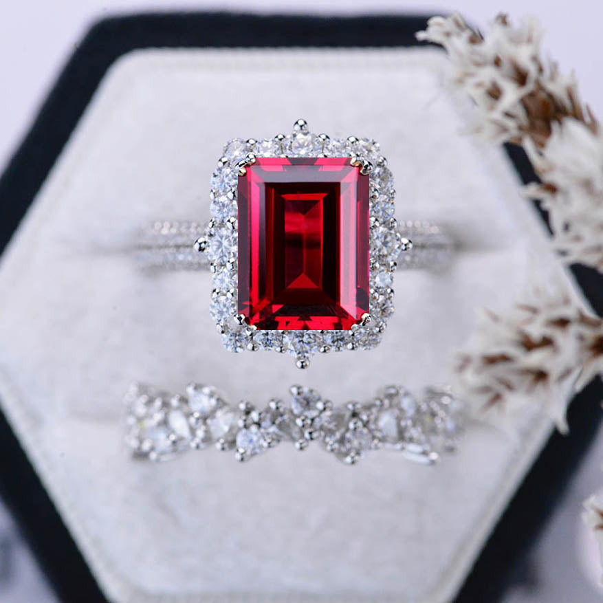 3-Stones Hexagon Lab Ruby w/ Kite Cut Emerald Sidestones Wedding Ring Set  Bezel Prong Rose Gold