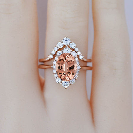 3 Carat Oval Morganite Halo Engagement Ring, Promise Ring For Her,  Morganite Wedding Ring, 14K Gold Oval Morganite Engagement Ring Set