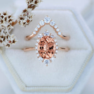 3 Carat Oval Morganite Halo Engagement Ring, Promise Ring For Her,  Morganite Wedding Ring, 14K Gold Oval Morganite Engagement Ring Set