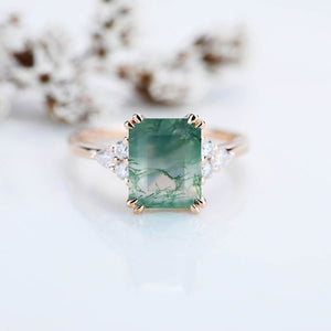 3 Ct Emerald Step Cut Green Moss Agate Vintage Engagement Ring,  Marquise Side Accents Stones 14K Rose Gold Ring