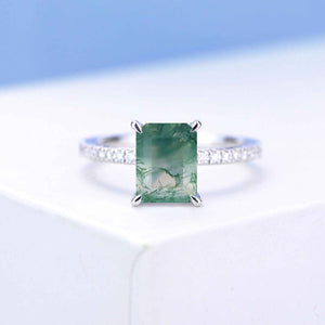 3 Carat Giliarto Radiant Cut Moss Agata Hidden Halo Engagement 14K White Gold Ring