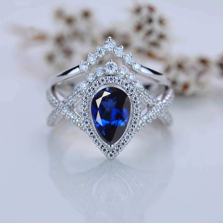 14K White Gold Carat Pear Royal Blue Sapphire Halo Twisted