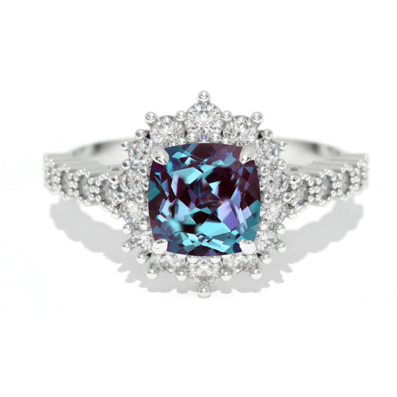 14K White Gold 1.2 Carat Cushion Alexandrite Halo Engagement Ring