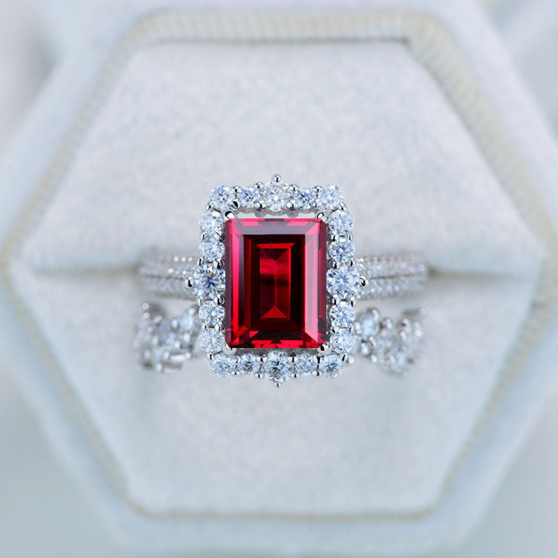 4Ct Ruby Engagement Ring Halo Emerald Cut Ruby Engagement Ring 10x8mm Step Cut Ruby Engagement Ring with Eternity Band