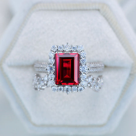 4Ct Ruby Engagement Ring Halo Emerald Cut Ruby Engagement Ring, 10x8mm Step Cut Ruby Engagement Ring with Eternity Band