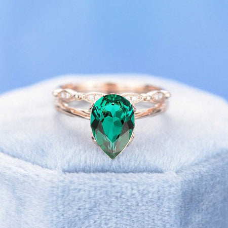 3 Carat Pear Emerald 14K Rose Gold Engagement. Eternity Ring. Set of Two Rings. Leaf Floral Ring Design