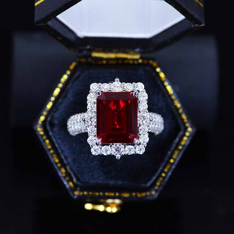 4Ct Ruby Engagement Ring Halo Emerald Cut Ruby Engagement Ring, 10x8mm ...