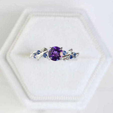 7mm Round Amethyst Sapphire  Floral  White Gold Engagement  Ring