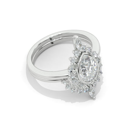 14K White Gold 1.9 Carat Pear Moissanite Halo Engagement Ring Eternity Ring Set