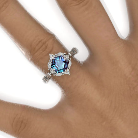 3 Carat Hexagon Alexandrite Halo 14K White Gold Engagement Ring