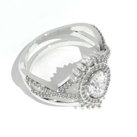Pear shape Moissanite engagement ring set, White gold, halo vintage moissanite band, Chevron ring, twisted band Vintage anniversary ring set