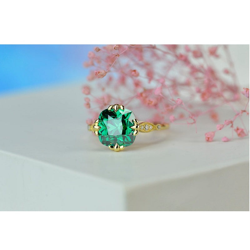 9x9 mm Cushion Old Mine Cut Dark Green Moissanite 14K Yellow Gold Engagement Ring. Promissory Ring Size 7 Ready to ship today