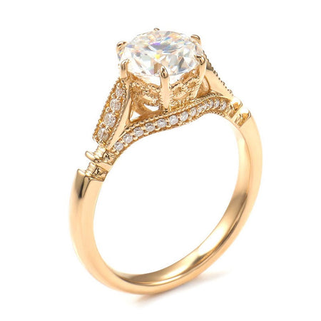 14K Solid Yellow Gold 1.5CT Round Moissanite Solitaire Six Prongs Ring, Vintage Milgrain Engagement Ring Anniversary Promise Gold Ring