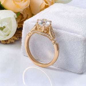 14K Solid Yellow Gold 2CT Round Moissanite Solitaire Six Prongs Ring, Vintage Milgrain Engagement Ring Anniversary Promise Gold Ring