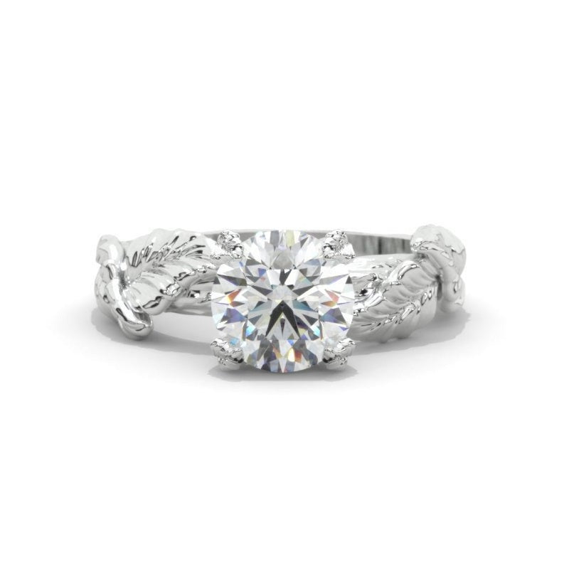 2Ct Moissanite 14K White Gold Engagement Ring, Design Floral Twig Style Engagement Ring, Leaf Promissory Ring