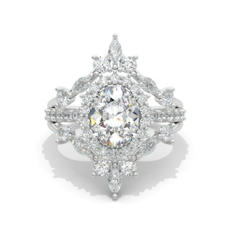 14K Solid Gold Ring 1.5CT Oval Diamond Imitation Wedding Ring Moissanite Halo Engagement Ring Anniversary Promise Two Eternity Gold Ring Set