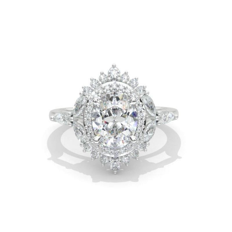 2Ct Oval Moissanite Double Halo Engagement Ring, Oval Shape Moissanite Engagement Ring, Marquee Side Accents Stones 14K White Gold