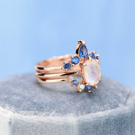 14k Rose Gold Dainty Natural Moonstone Ring Set, 2ct Oval Cut Moonstone Ring Set, Rose Gold Ring Unique Curved Vintage Ring Set