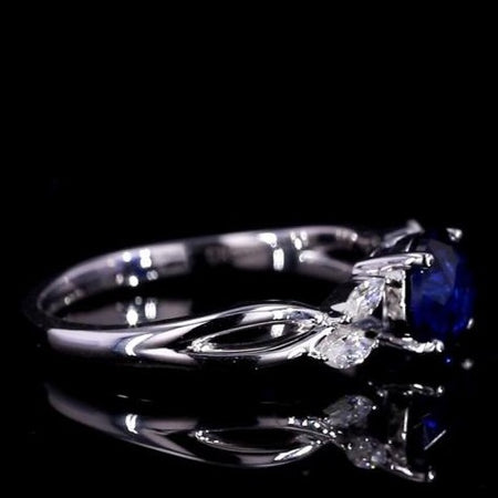 2Ct Round Sapphire Vintage Engagement Ring, Royal Blue Sapphire Engagement Ring, Marquise Side Accents Stones 14K White Gold Ring
