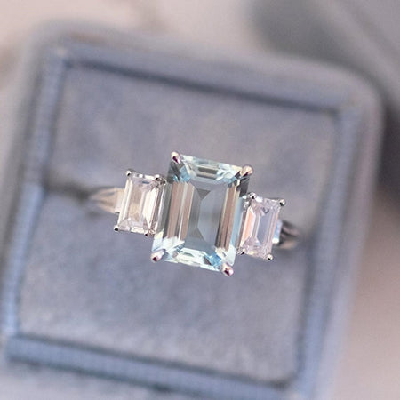 White Gold Emerald-Cut Aquamarine Three-Stone Ring with Tapered Baguette  Diamond Sides - Dianna Rae Jewelry