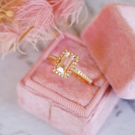 14K Solid Rose Gold Ring. Baguette Morganite Halo Eternity Ring. Halo Morganite Wedding Ring. Vintage Engagement Ring Anniversary Ring