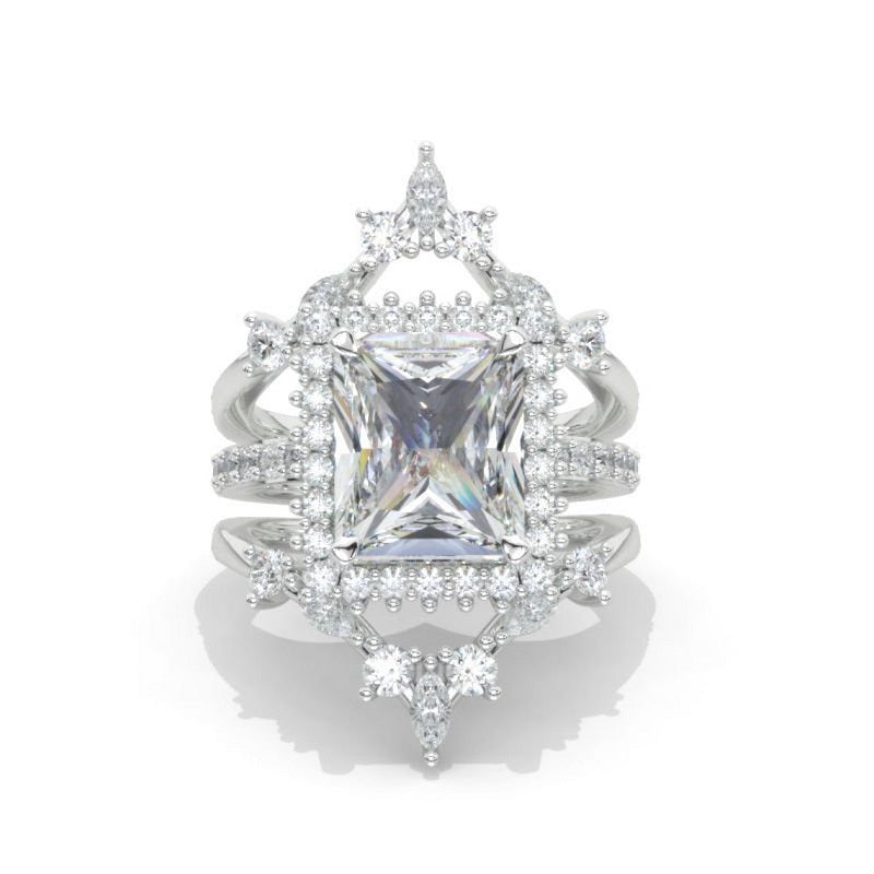 14K Solid Gold Ring 5CT Radiant Cut Moissanite Halo Engagement Ring Set. Set of Three Eternity Gold Ring, Vintage Style Ring