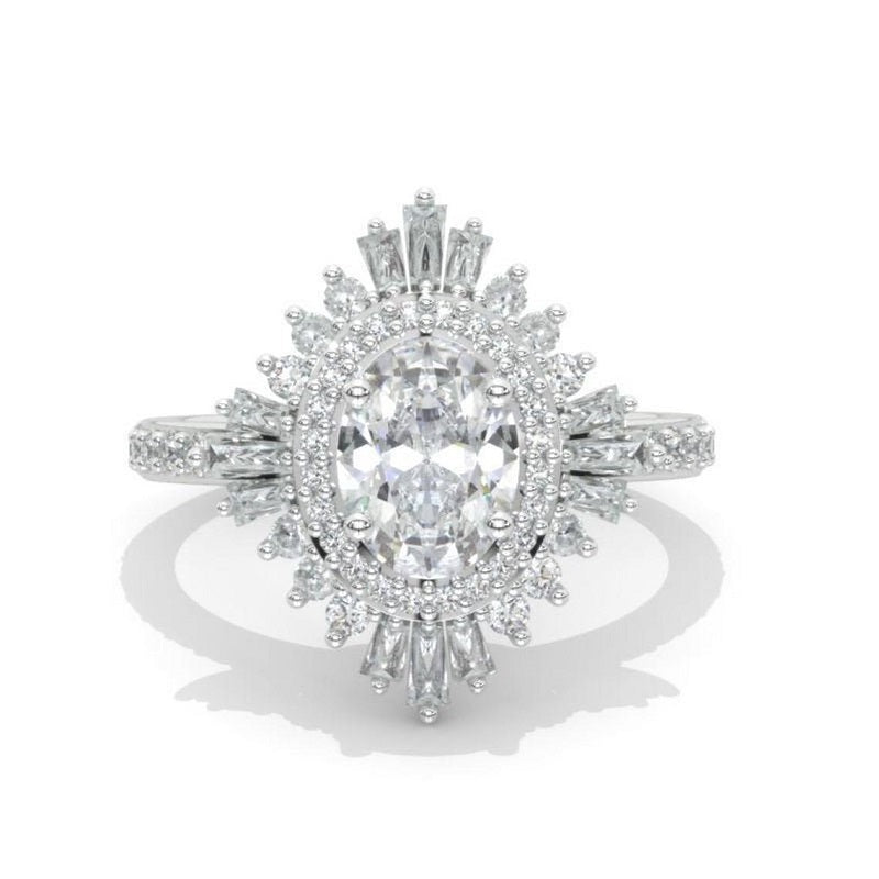 14K Solid Gold Ring 1.5CT Oval Halo Moissanite Vintage Wedding Ring. Engagement Ring Anniversary Ring, Baguette Double Halo Ring