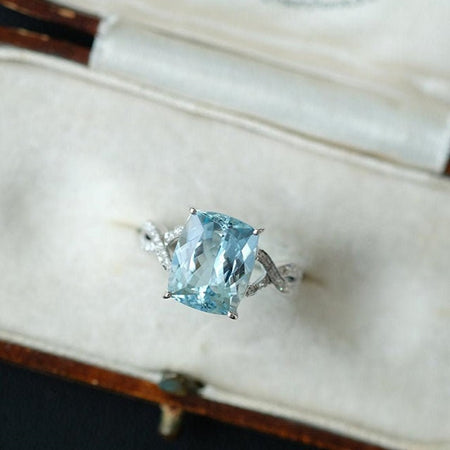 3Ct Cushion Aquamarine ring, Aquamarine solitaire ring, natural aquamarine ring, genuine aquamarine cushion cut vintage ring