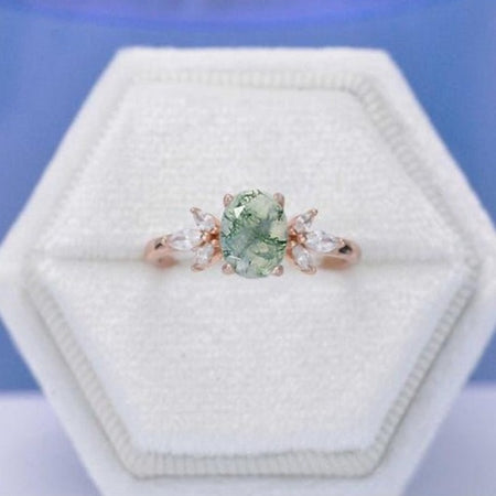 1.5 Carat Oval Green Moss Agate Cluster 14K Rose Gold Ring