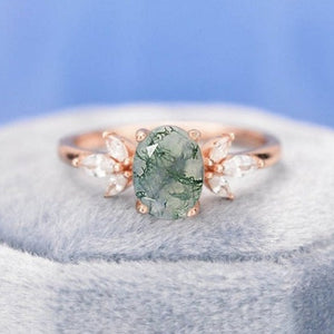 Vintage Oval Moss Agate Ring Cluster Green Moss Agate Moissanite Wedding Engagement Ring soild gold Art Deco Unique anniversary ring