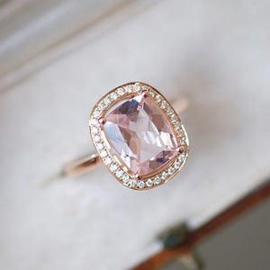 2 Carat Morganite Ring, Morganite Engagement Ring, Rose Gold Morganite Ring, Elongated Cushion Cut Engagement Ring, Halo Morganite Ring