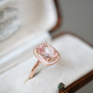 2 Carat Morganite Ring, Morganite Engagement Ring, Rose Gold Morganite Ring, Elongated Cushion Cut Engagement Ring, Halo Morganite Ring