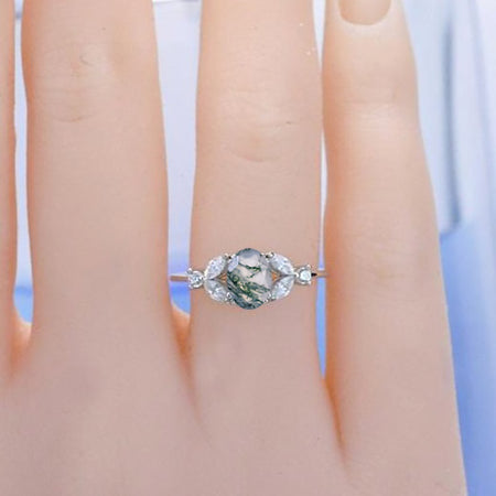 Oval Genuine Moss Agate Engagement Ring Set