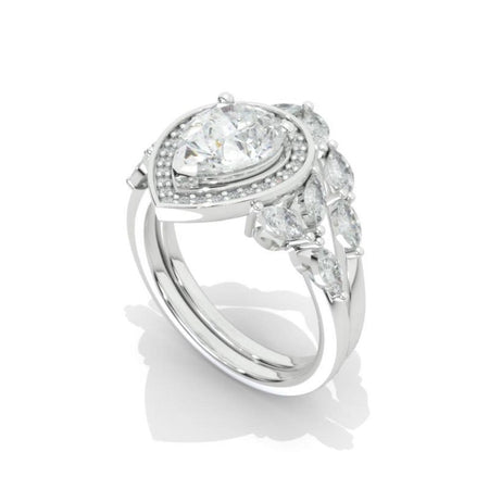 2CT Pear shape Moissanite engagement ring set, White gold, halo vintage moissanite band, V band Vintage anniversary ring set