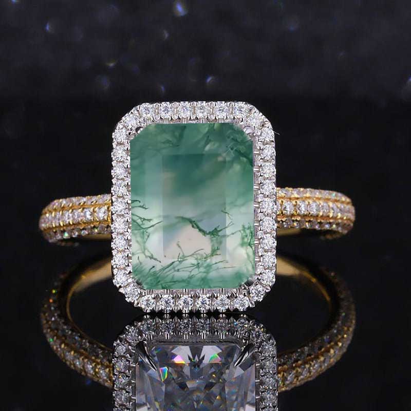 4Ct Genuine Moss Agate Engagement Ring Halo Radiant Cut Moss Agate Engagement Ring, 10x8mm Radiant Cut Moss Agate Engagement Two Tone Ring Model x