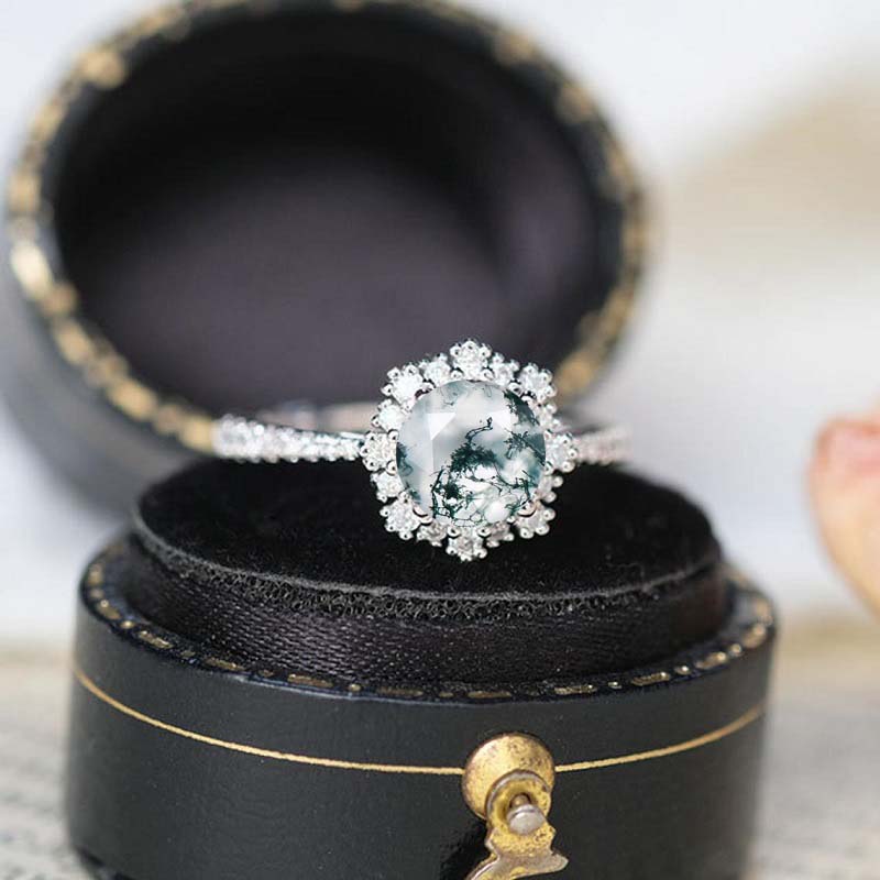 Genuine Moss Agate Ring/1.0ct Round Cut Moss AgateHalo Ring/Solid 14K White Gold Ring/Art Deco Engagement Ring / Wedding Ring Women