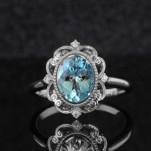 Vintage Aquamarine Engagement Ring Rose Gold wedding Ring 2ct Antique Oval cut Bridal ring Art deco Halo Ring Milgrain Anniversary ring