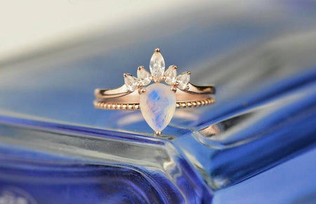 Natural Moonstone Ring Set, 2ct Pear Cut Moonstone Ring Set, Rose Gold Ring Unique Curved Marquise Cut Ring