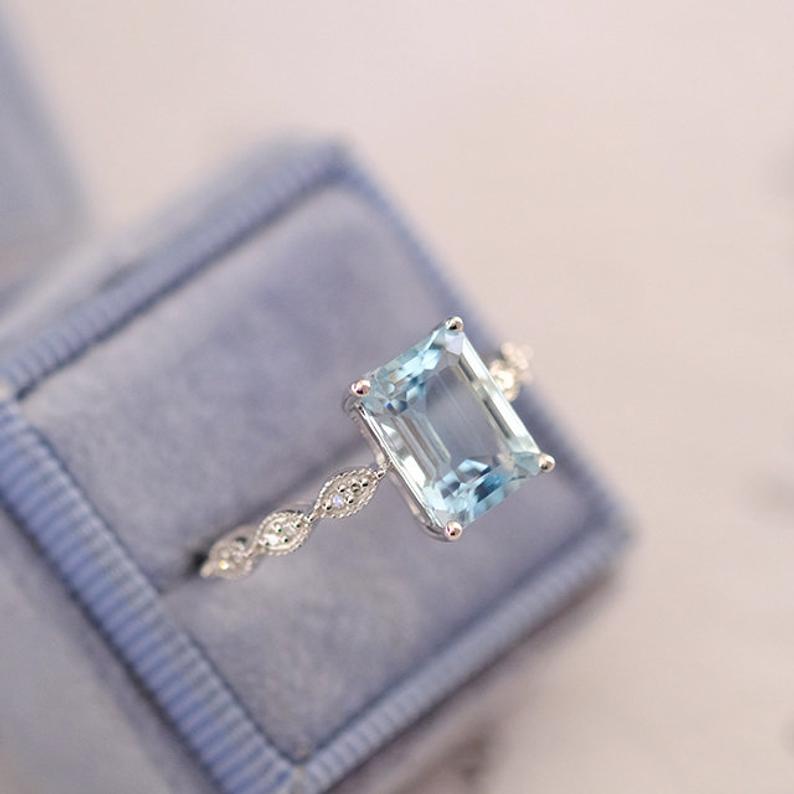 3 Carat Emerald Shape Step Cut Natural Aquamarine Luxury Vintage Ring ...