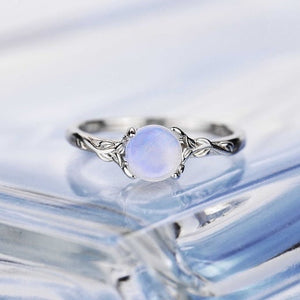 Silver Dainty Natural Moonstone Ring.  Round Moonstone Floral Ring