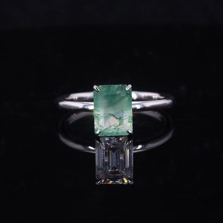 3 Carat  Setting Emerald Shaped Step Cut Genuine Moss Agate 14K White Gold Engagement Ring