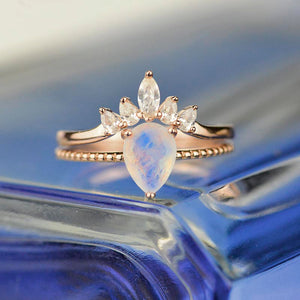 Pear Cut Moonstone Ring- Two Ring Set.