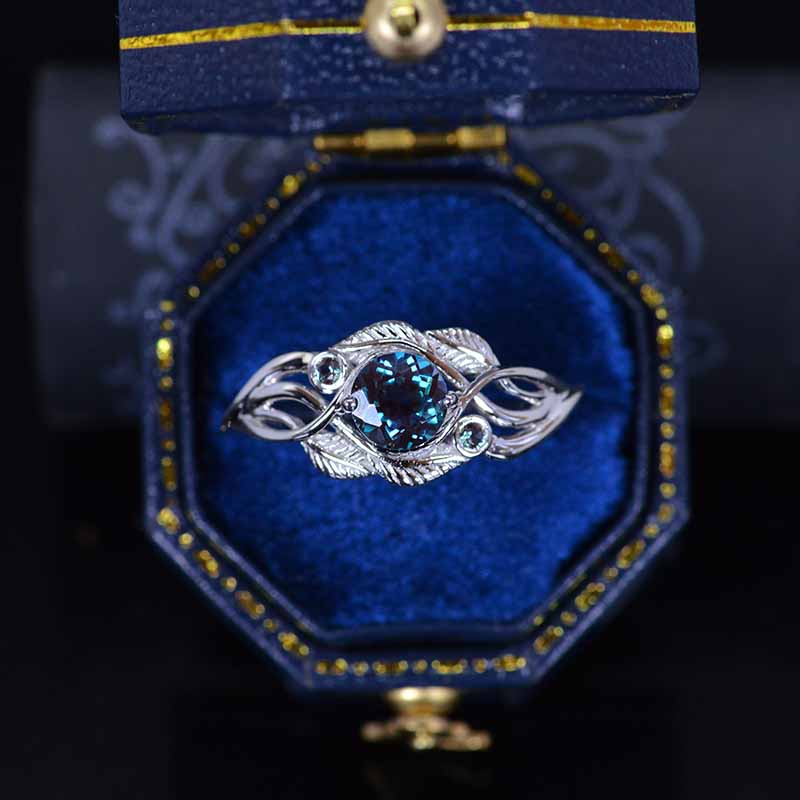 Alexandrite White Gold Engagement Lattice Floral Accented Ring