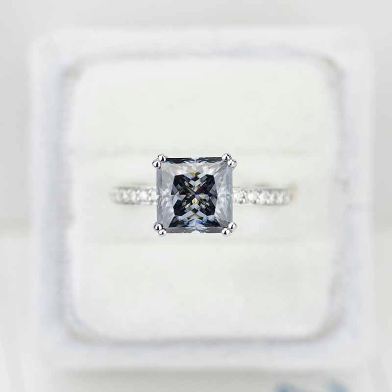 Giliarto 3 Carat Dark  Grey Gray  Blue Princess Cut Moissanite Stone 14K White Gold Ring