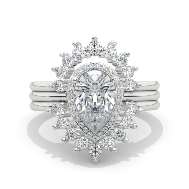 14K White Gold 1.5 Carat Pear Halo Engagement Ring Eternity Ring Set