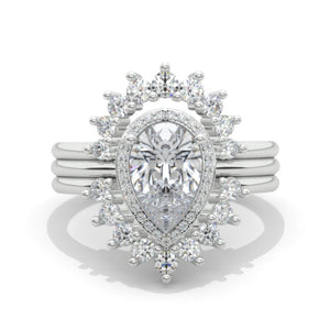 14K White Gold 1.5 Carat Pear Halo Engagement Ring Eternity Ring Set