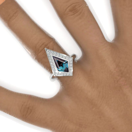 2.5 Carat Kite Alexandrite Halo Engagement Ring. 2.5CT Fancy Shape Bezel Alexandrite Ring