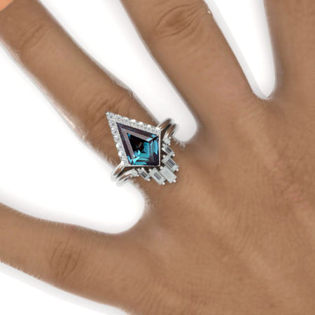 2.5 Carat Kite Alexandrite Halo Engagement Ring Set. 2.5CT Fancy Kite Shape Bezel Alexandrite Ring Set